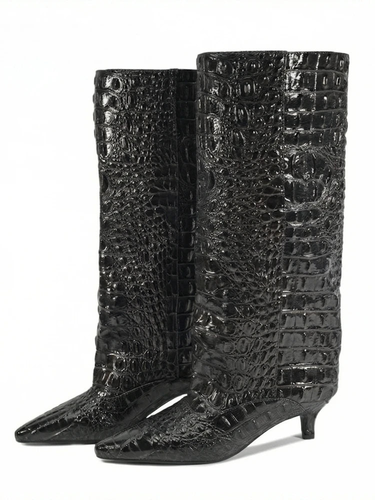 Crocodile Print Wide Shaft Kitten Heel Knee High Boots for Women