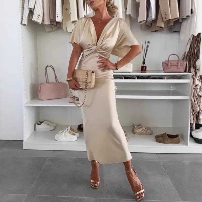 2025 Womens Satin Dresses Summer Khaki Black Blue Dress Woman V-Neck Bat Sleeve Vestidos Elegant Luxury Dresses