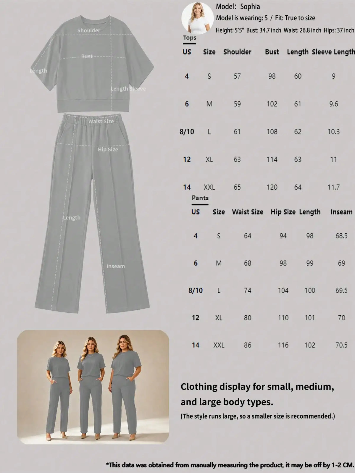 New Spring and Summer Ladies' Set: Comfortable Solid-Color Short-Sleeve Top with Elastic Waist Pocketed Long Pants Two-Piece Set, Soft Stretch Polyester-Acrylic Fabric