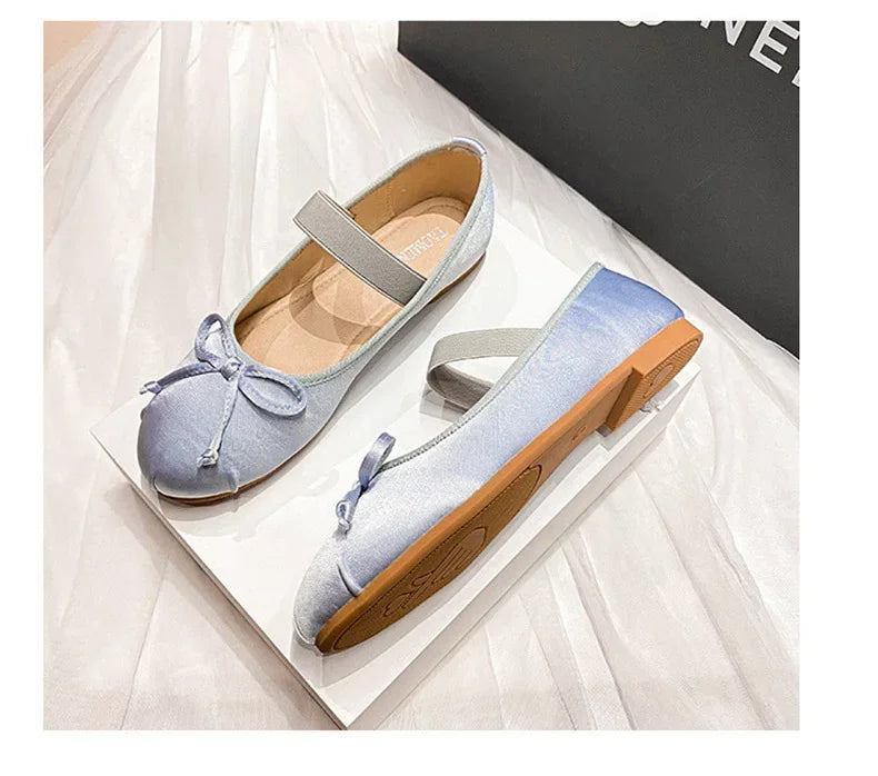 Round Toe Bow Satin Mary Jane Ballet Flats for Women