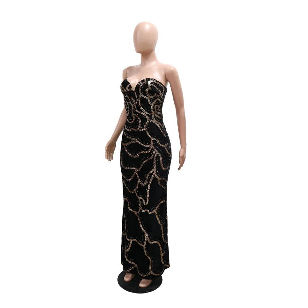 Sweetheart Strapless Deep V Velvet Rhinestone Rose Pattern Maxi Dress for Women