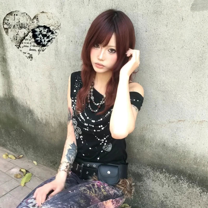 Karrram Japanese Y2k Off Shoulder T-shirt Grunge Aesthetics Rhinestones Print T Shirt Trashy 2000s Style Tops Vintage Harajuku