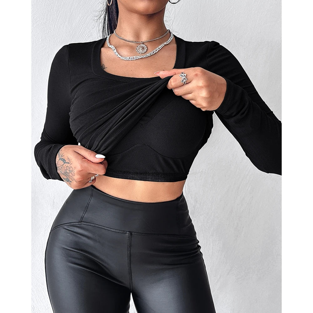 Autumn Spring Women U-Neck Built-in Bra Long Sleeve Ribbed Top Femme Skinny Casual Basic Easy Matching T-Shirts