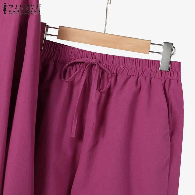 ZANZEA Woman Vintage Solid Matching Sets Spring Casual Street Suit Long Sleeve Lapel Shirt Loose Shorts Elegant Tracksuit