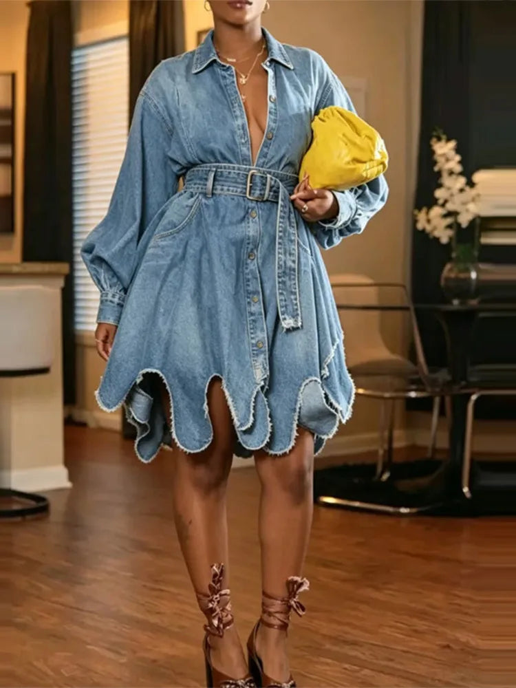 Belted Ruffle Hem Shirt Dress