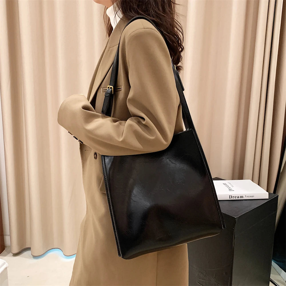 Genuine Shiny Leather Large Capacity Tote Bag for Women