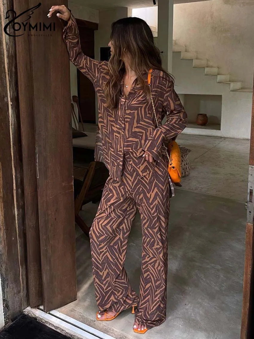Oymimi Casual Brown Print Sets Womens 2 Piece Elegant Long Sleeve Button Side Slit Shirts And High Waisted Straight Trousers Set