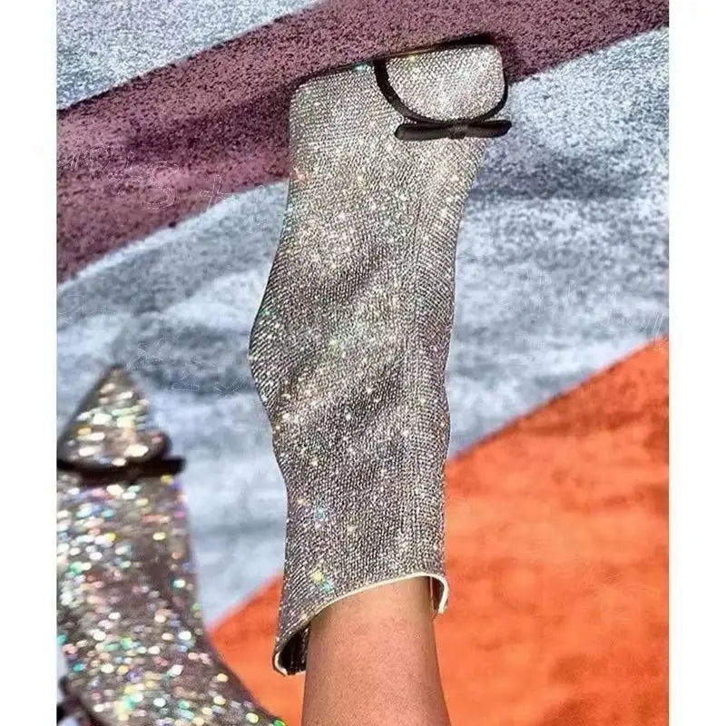 Silver Rhinestone Bow Knot Pointed Toe High Heel Boots For Women