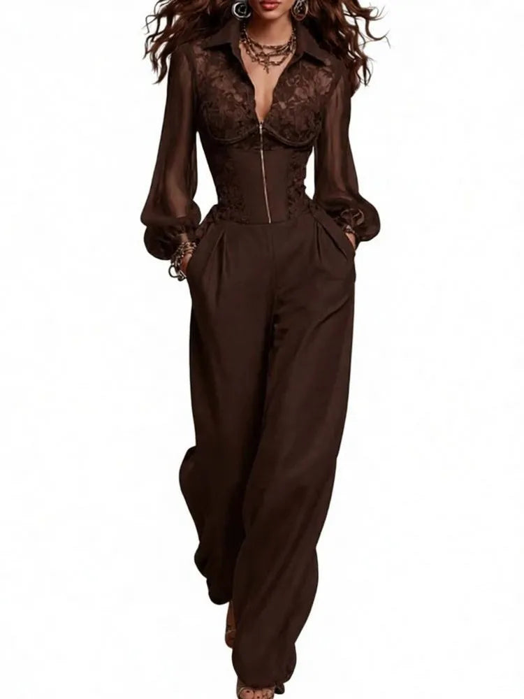 Lace Long Sleeve V-Neck Loose Fit Jumpsuit for Women