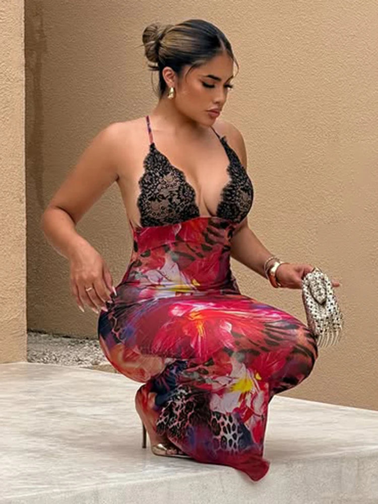 Cross Bandage Backless Sling Flower Print Lace Patchwork Dress for Women