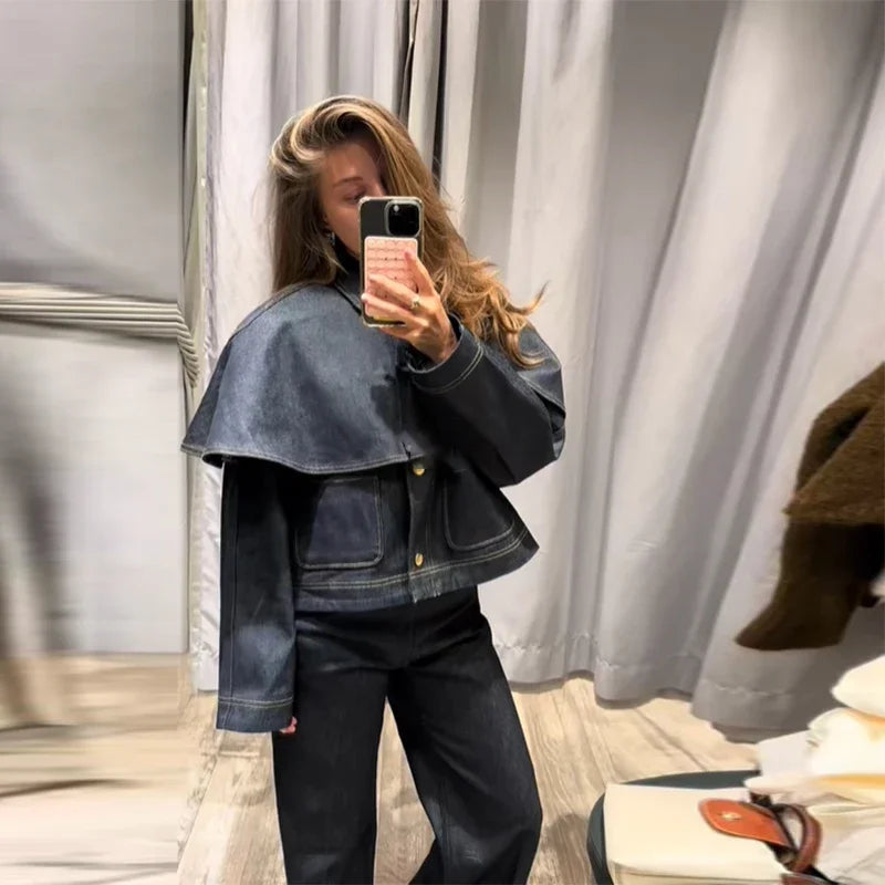 Chic Vintage Cape Denim Jackets For Women Lapel Single Breasted Pocket Jean Coat Pocket Casual Outwear 2025 Autumn Winter Coats