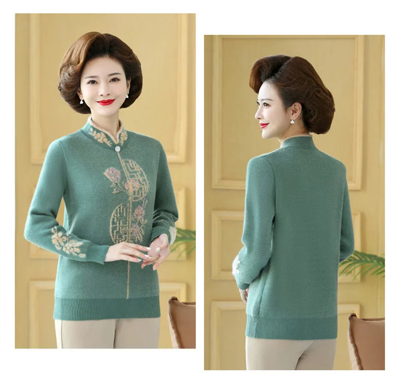 2025 Autumn New Mom's Velvet And Warm Knitted Embroidered Bottom Shirts Imitation Mink Fleece Winter Inner Plsh Thick Pullover