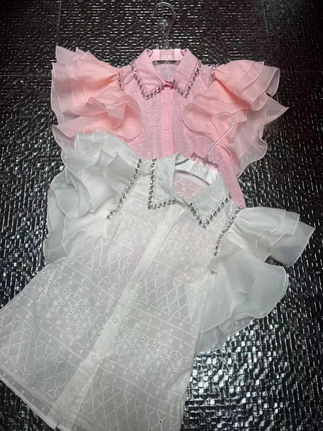 Diamond Stitch Jacquard Cotton Blouse With Ruffles for Women