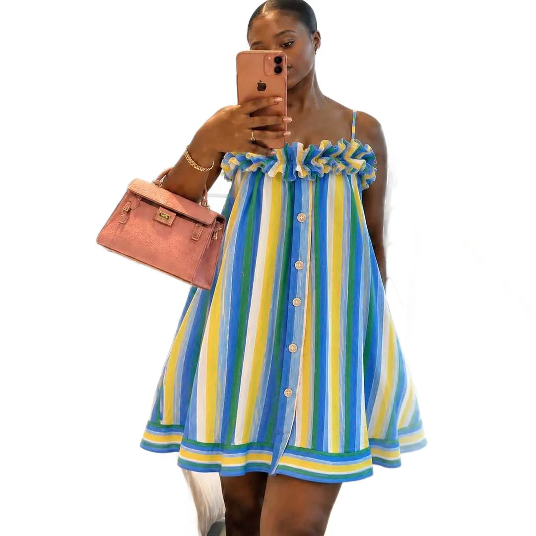 Lightweight Thin Strap Ruffle Trim Striped Mini Dress for Women