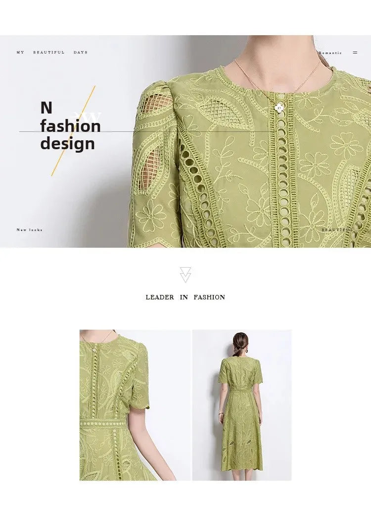 Elegant Lace Sleeve Midi Dress Women's round Neck Gored Skirt Short Sleeve Slimming Summer New Style Vintage High-End Feeling