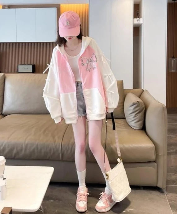 Woman Hooded Tops Bow Y2k Style Kpop Youthful Clothes Sweat-shirt Essential Matching Full Zip Up Hoodies Sweatshirt for Women
