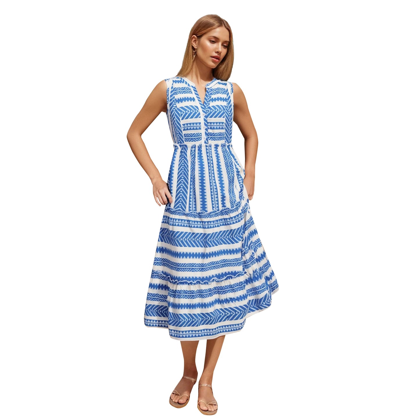 Women Summer Sleeveless Dress Casual Geometric Print Button V-Neck Party Dress for Beach Club Streetwear