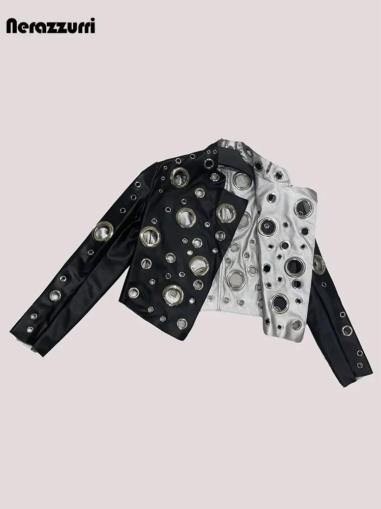 Sequin Hollow Out Patchwork Faux Leather Jacket For Women