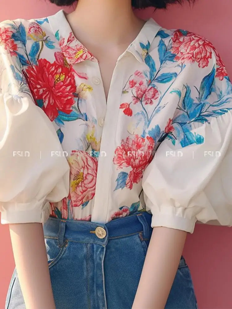 French Style Blouse with Bubble Sleeves and Floral Patterns 2024 New Women's Summer Collection Shirt
