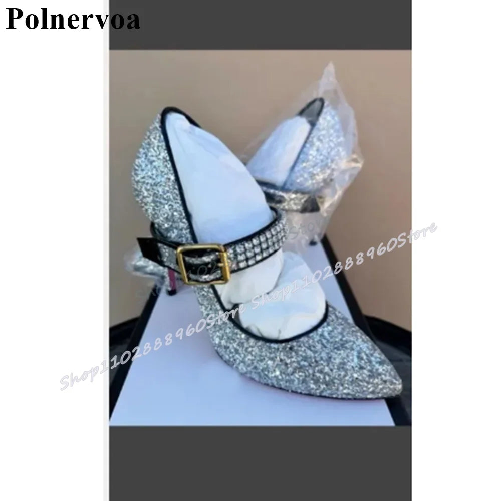 Silver Glitter Shallow Pointy Crystal Strip Pumps Thin High Heel Shoes For Women Buckle Strap Pointed Toe Casual Banquet Pumps