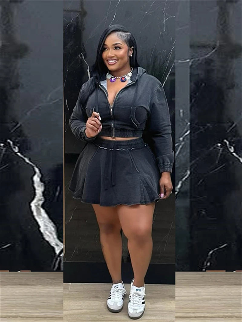 Hooded Denim Crop Top And Pleated Skirt Set for Women