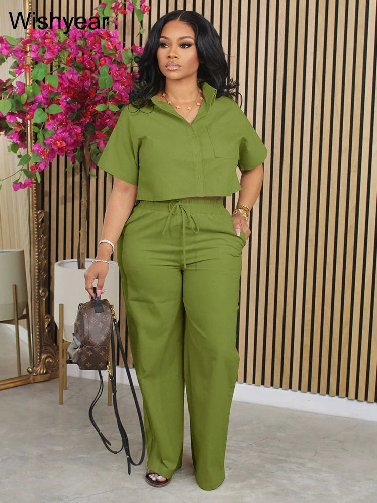 Casual Sports Linen Outfits Women's Short Sleeve Shirt and Wide Leg Pants Autumn 2 Piece Set Streetwear Office Fashion Tracksuit