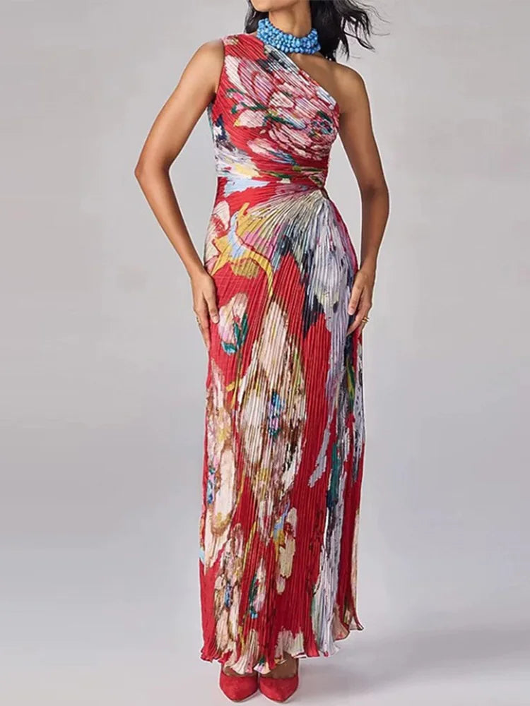 Printed Slanted Shoulder Sleeveless Maxi Dress for Women