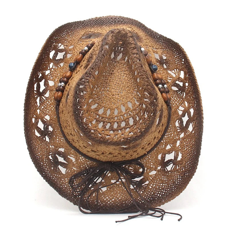 Creative Curled Straw Ethnic Beaded Chain Cowboy Hat for Women