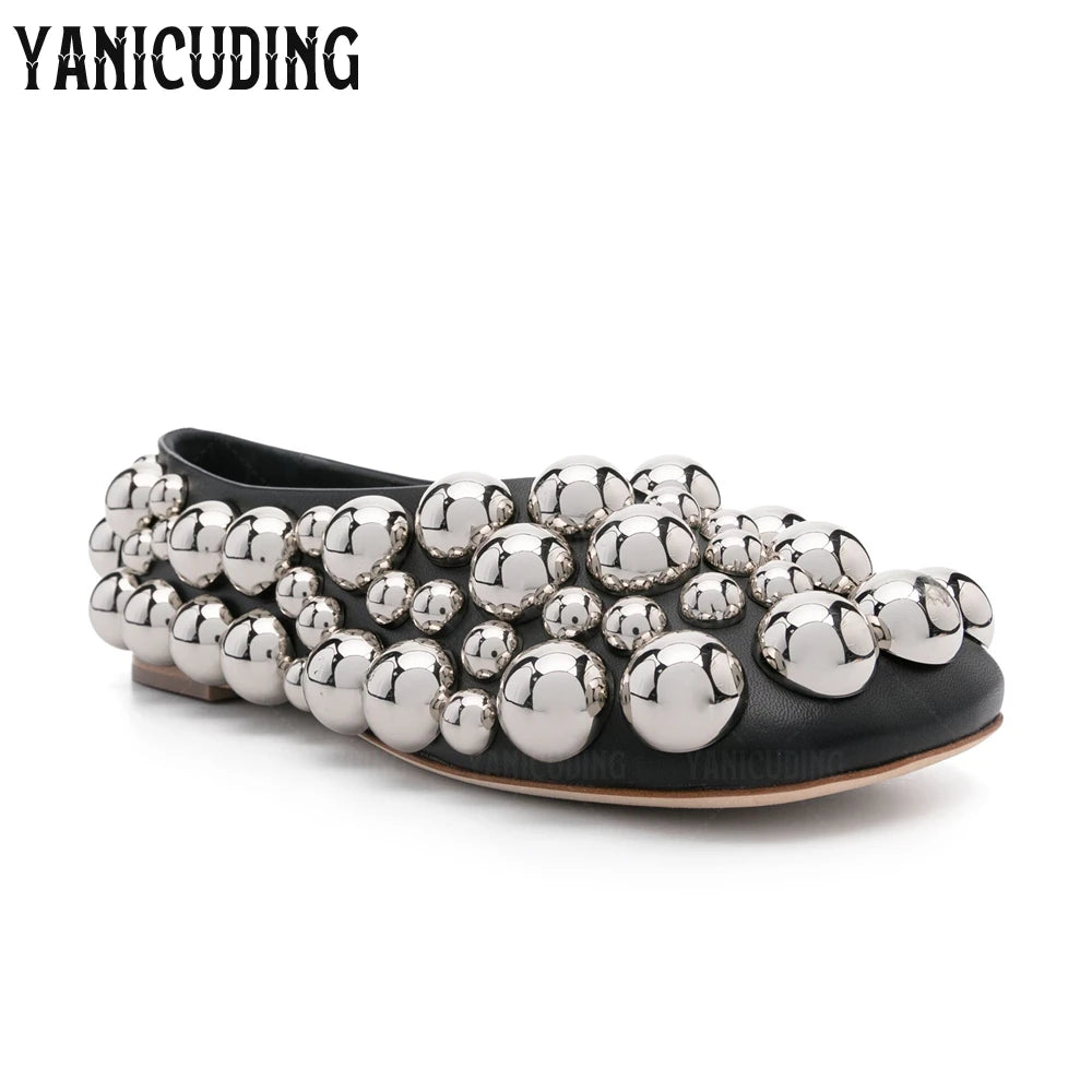 Metallic Stud Embellished Square Toe Ballet Flats for Women
