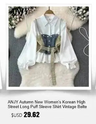 ANJY Autumn New Women's 2 Pieces Set Fashion Full Diamonds Short Sleeve Denim Shirt Elegant Fresh Straight Chic Ins Jeans A15818