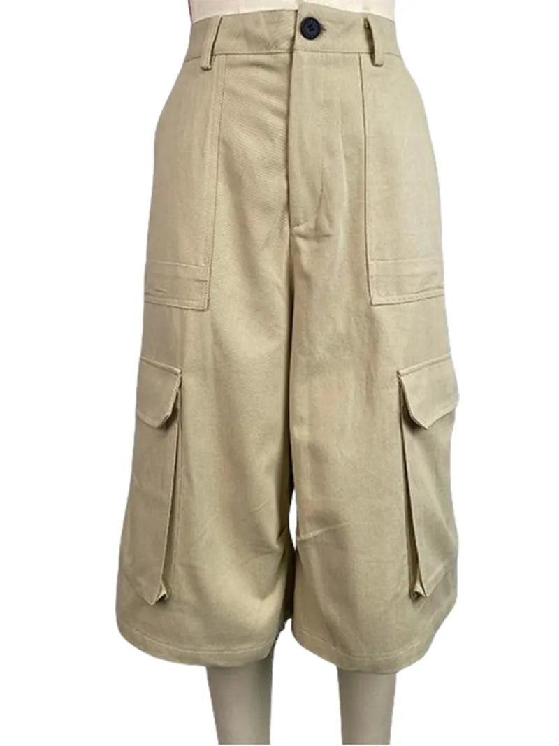 Krisstarsgirls Summer Woman Wide Leg Capris Pants with Pockets 2025 New Trendy Cotton Clothes Loose Cropped Cargo Pants Female