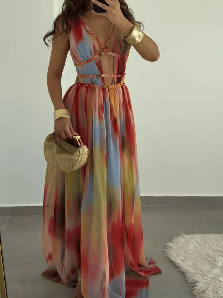 2025 Sexy Split Backless Party Dress Elegant V-neck Hollow Out Beach Long Dress Women Fashion Pattern Print Slim Fit Beach Dress