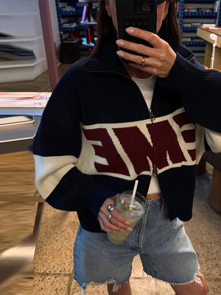 Letter Women 's Sweater Stand Collar Y2k Knit Sweaters For Woman Zipper Full Sleeve Tops Female 2025 Winter Men Jacket Knitwear