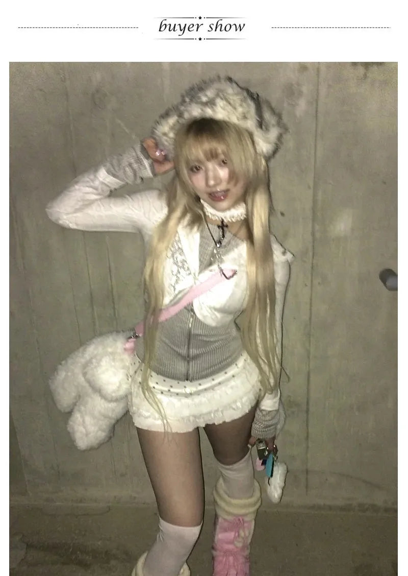 Karrram Japanese Y2k Fake Two-piece Knitted Tops Trashy 2000s Hooded Jacket Vintage Harajuku Knitwear Grunge Aesthetics American
