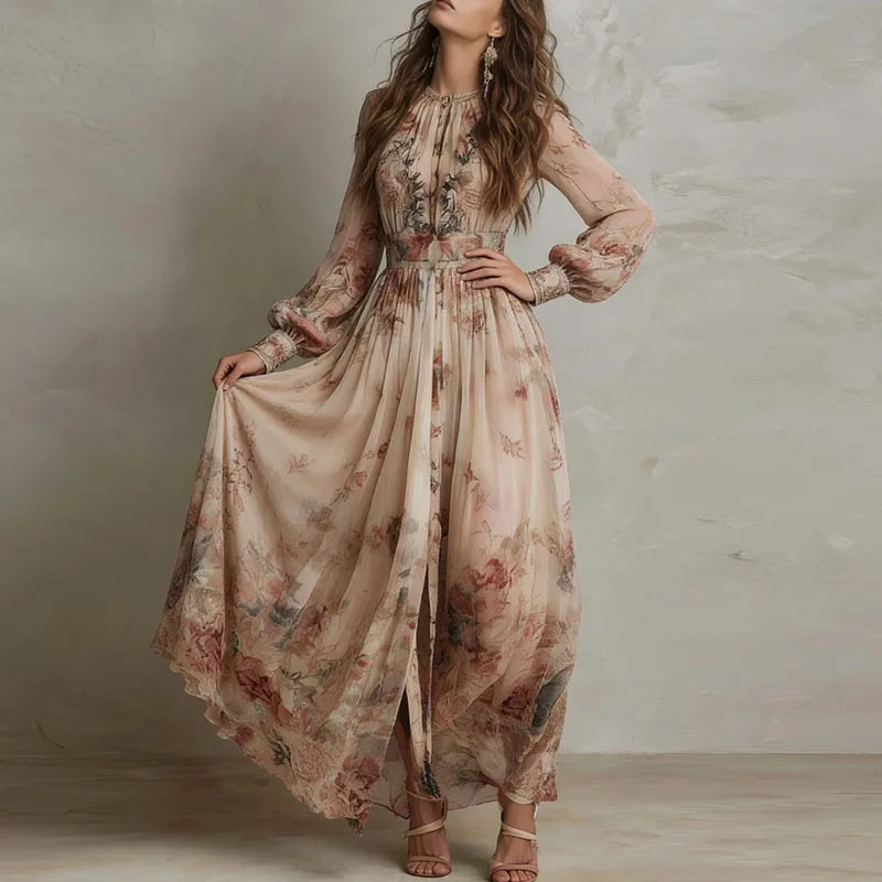 Vintage Floral Pleated Long Sleeve Maxi Dress for Women