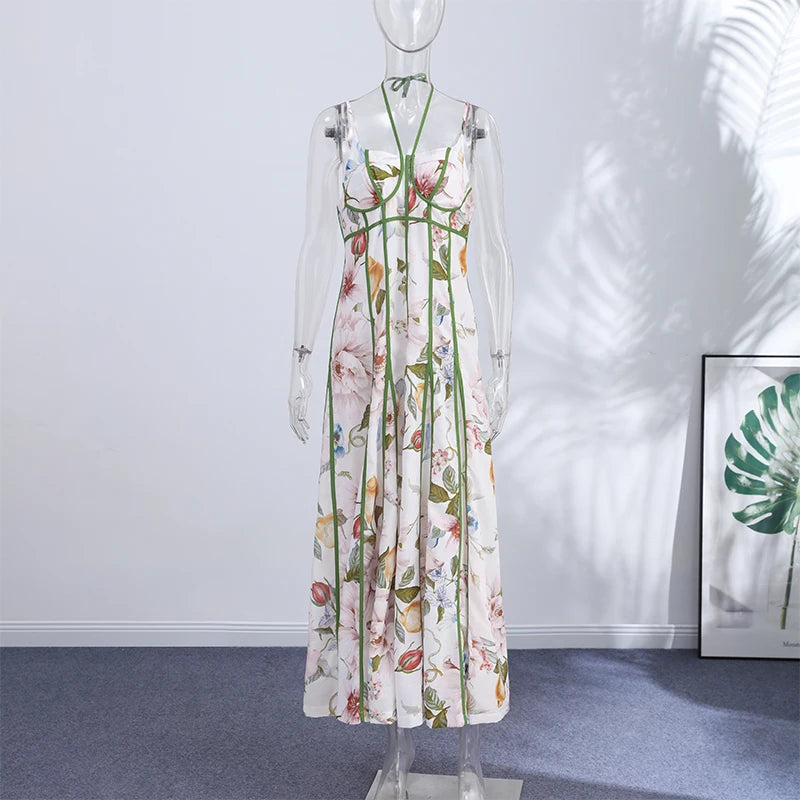 Sweetheart Neckline Floral Print Linen Blend Maxi Dress For Women