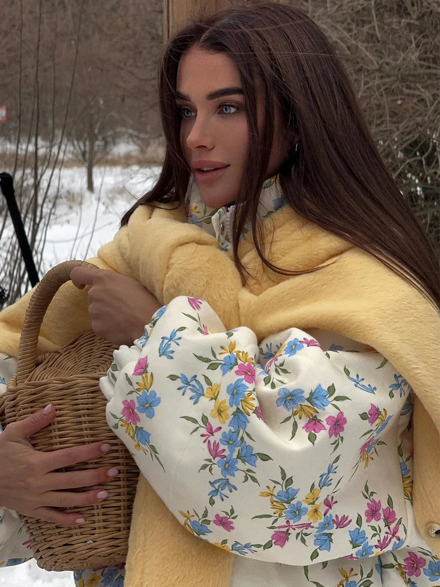 Floral Print Oversized Stand Collar Puffer Jacket For Women
