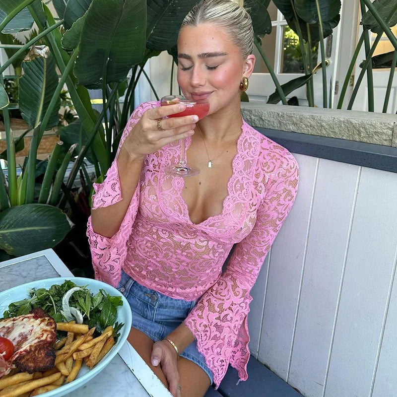 Aesthetic Lace Top Women Sexy Clothing See Through Deep V Neck Flared Long Sleeve T Shirts Party Clothes Clubwear
