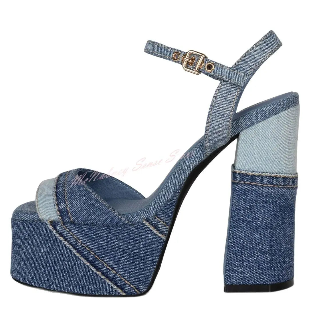 Denim Patchwork Open Toe Square Heel Platform Sandals For Women
