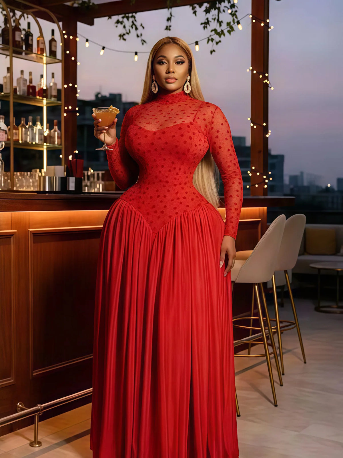 Pleated Stand Collar Maxi Dress With Long Sleeves for Women