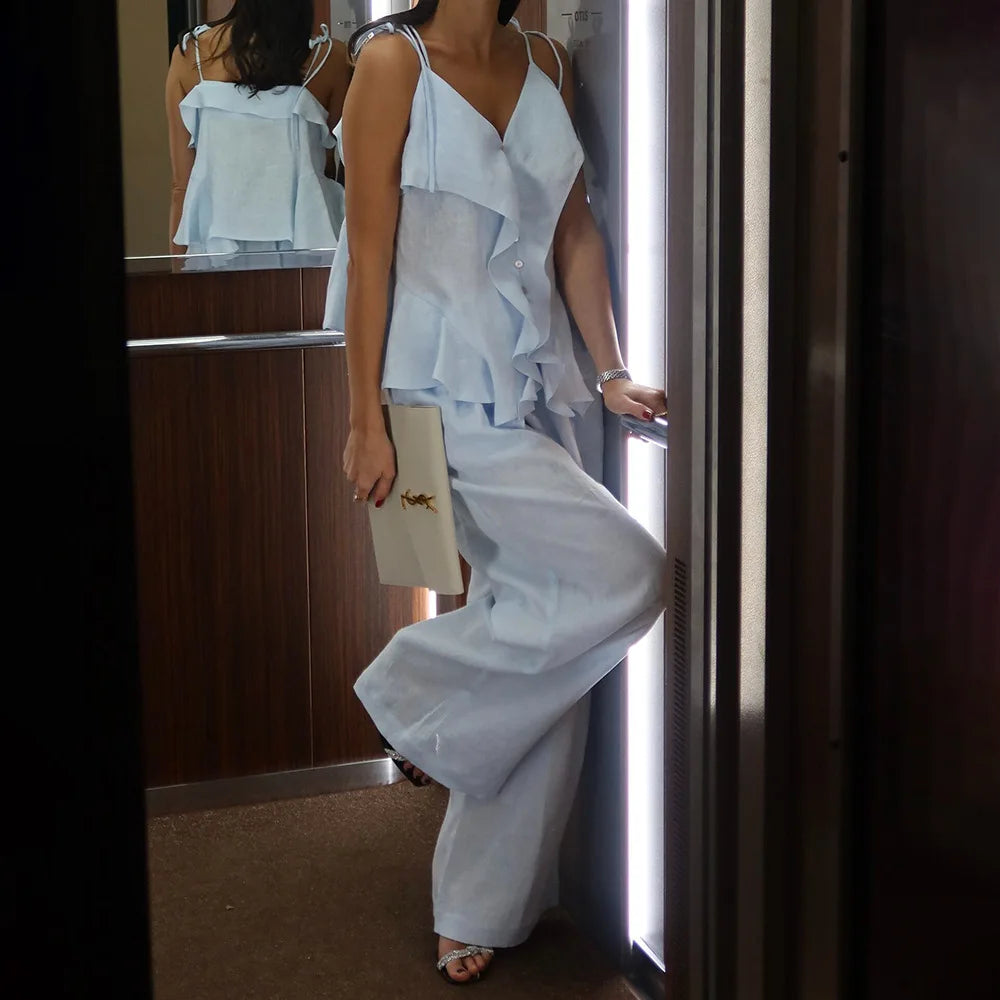Casual Solid Color Cotton Top And Wide Leg Pants Set for Women