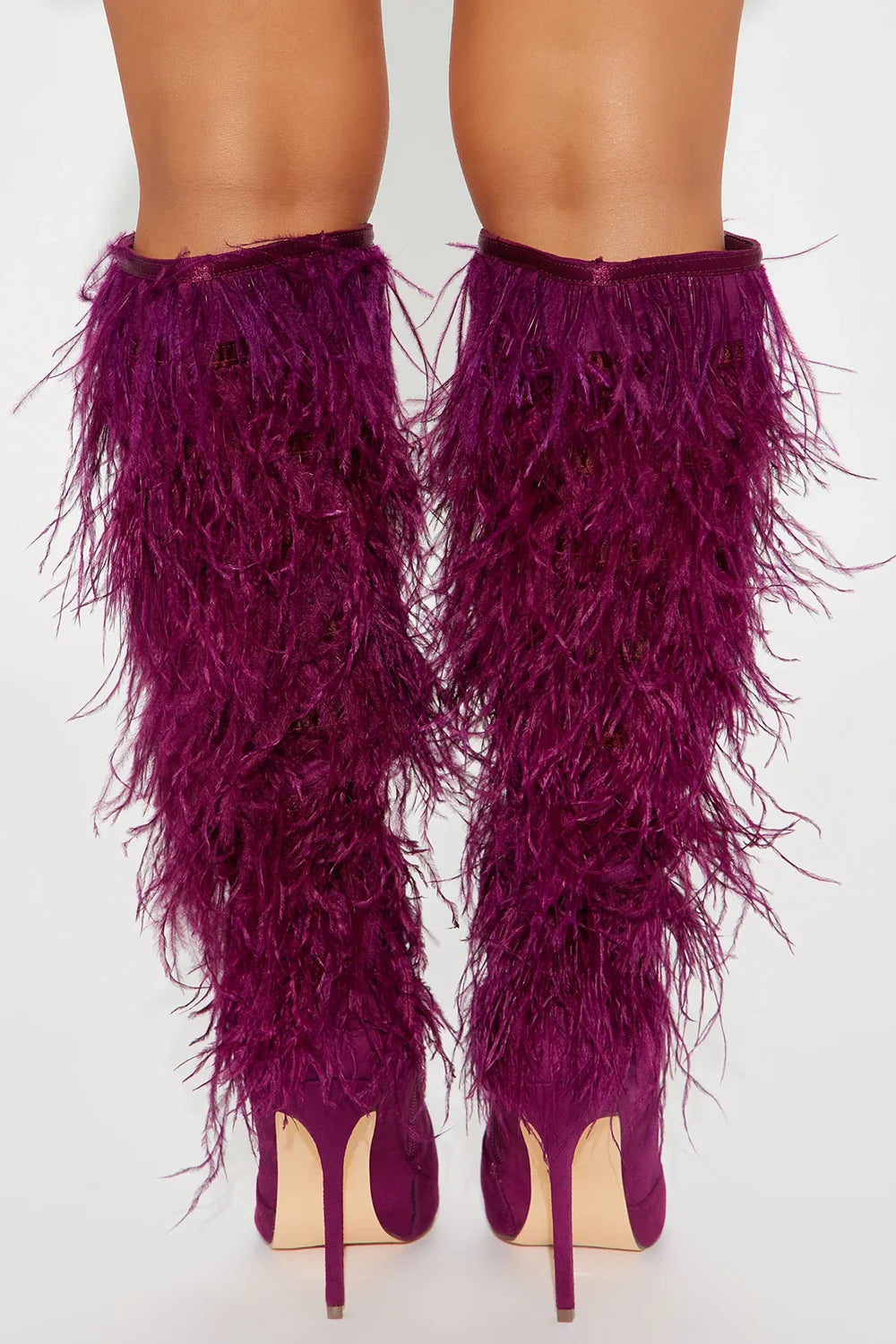 Magenta Suede Fluffy Fringe Stiletto Knee High Boots For Women