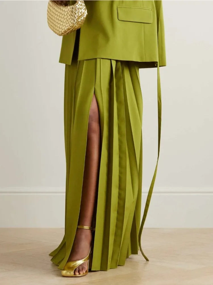 Beautyblue Elegant Retro Green Pleated Skirt Women's Long Skirts Fashion Loose High Waisted Split-Side with Belt Elegant Bottoms