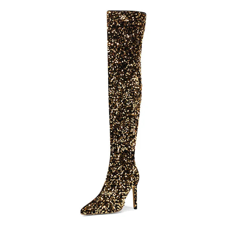 Sequin Pointed Toe Over The Knee Stiletto Boots For Women With Rear Zipper