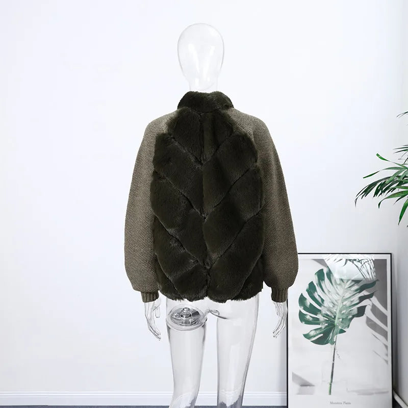 Faux Fur Patchwork Knit Coat With High Collar for Women