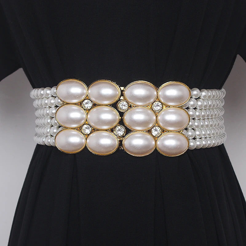 Pearl Embellished Elastic Waist Chain Belt for Women