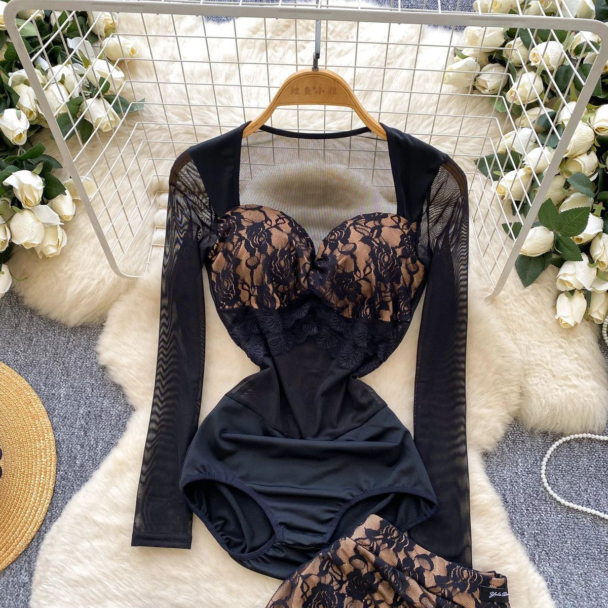 Floral Lace Mesh Bodysuit and Ruffle Mini Skirt Set for Women