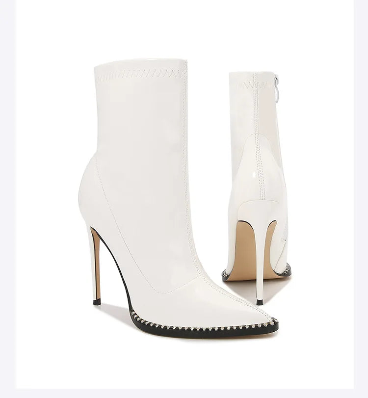 Elegant Rhinestone Bordered Side Zipper High Heel Ankle Boots for Women