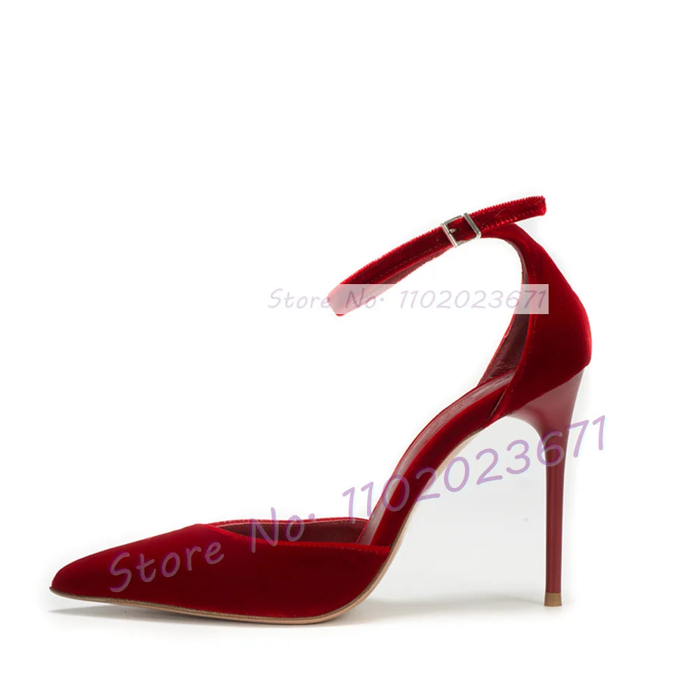 Blue Velvet Pointed Toe Stiletto Sandals with Buckle Ankle Strap for Women