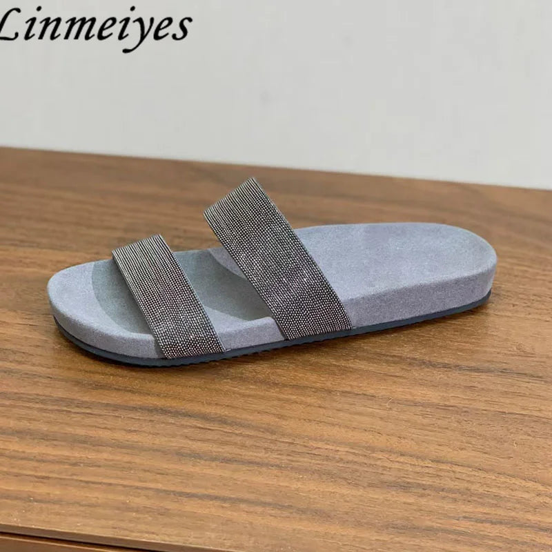 Cow Suede Bead Chain Narrow Strap Slippers for Women